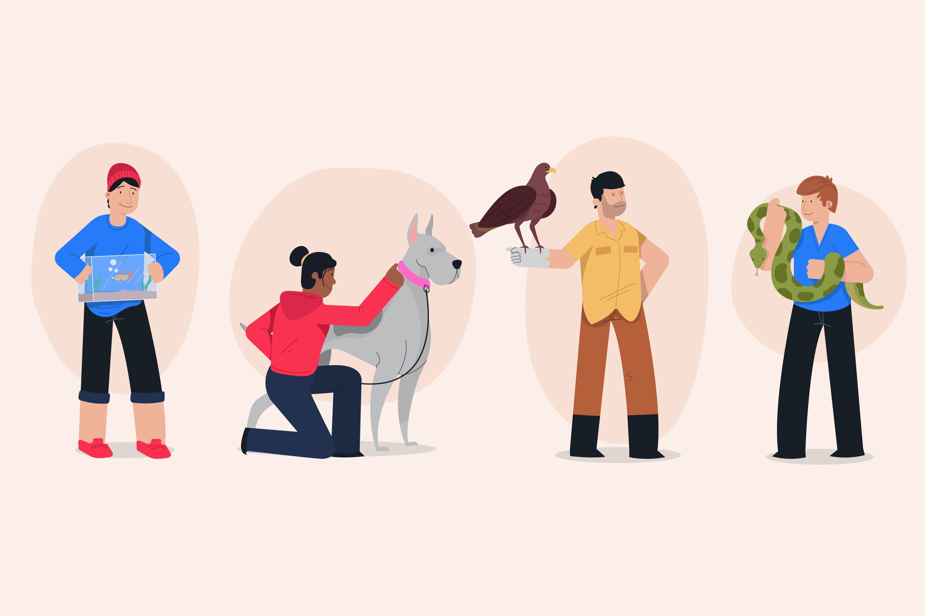 Four people interact with different animals: a person holding a fish tank, another with a dog, one with a bird on their arm, and another with a snake.